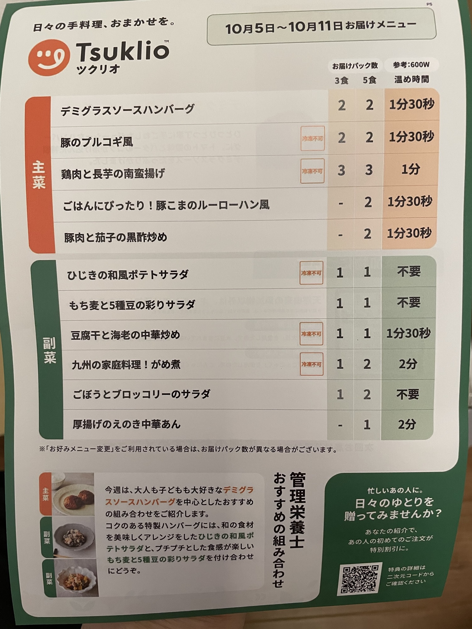 ツクリオのメニュー表、品数と温め時間の一覧